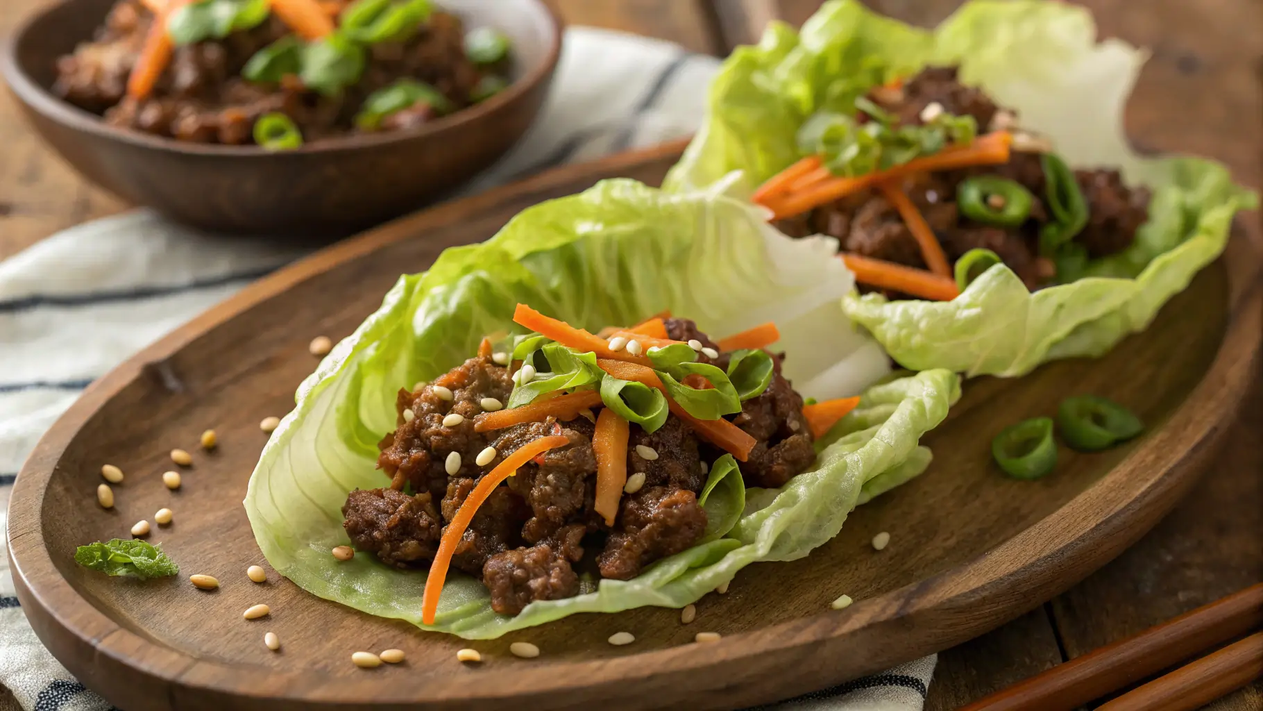 Home Page 1 Close-up of ground beef lettuce wraps with carrots, green onions, and sesame seeds served on butter lettuce leaves